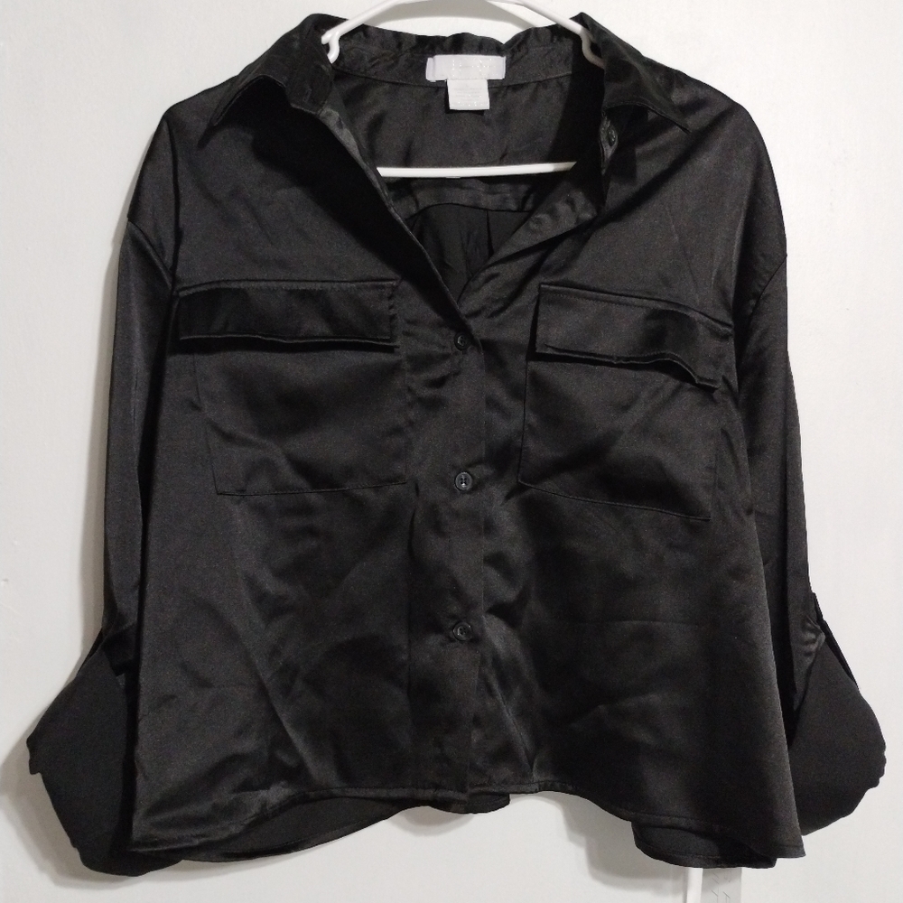 Life Black Satin Button-Up Shirt Size (L)
